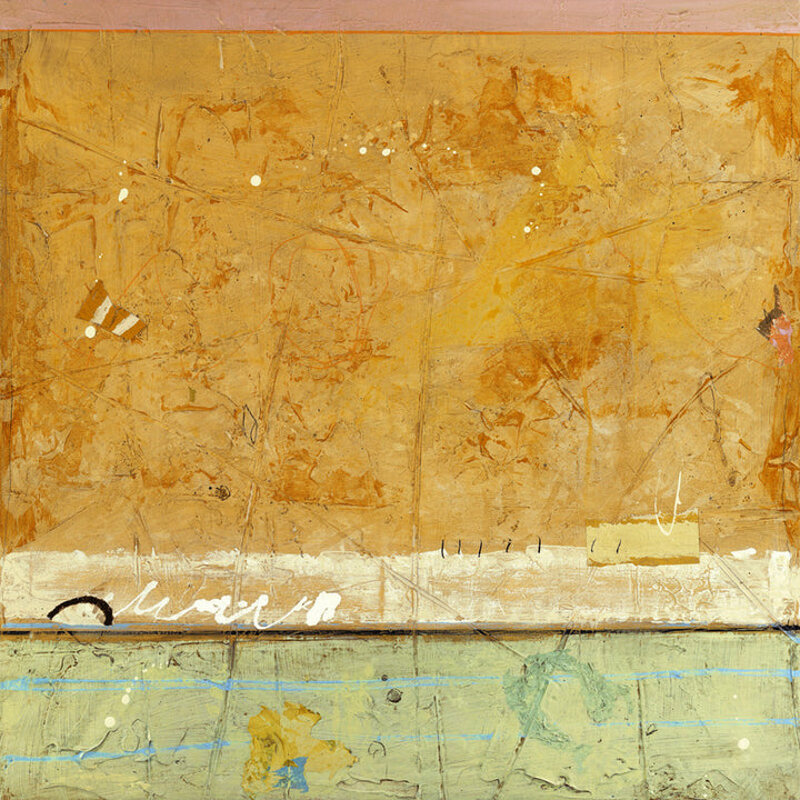 Abstract mixed-media artwork with horizontal bands of gold, cream, and pale green featuring gestural marks and white accents.