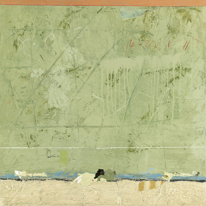 Abstract mixed-media artwork with green upper section, blue horizontal line, and beige lower section with gestural marks and collaged elements.
