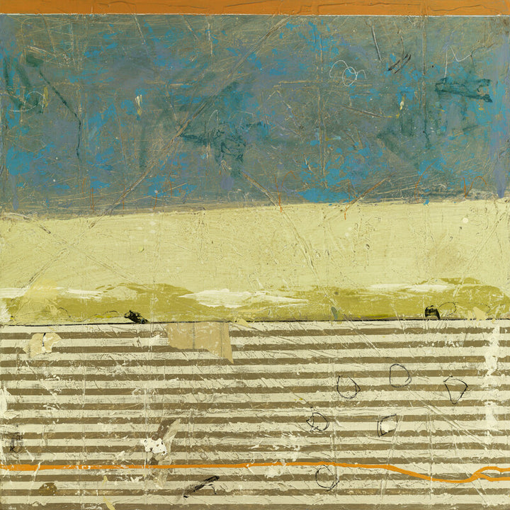 Abstract painting divided horizontally into blue-green upper section and yellow-beige lower section with horizontal lines and scattered marks.