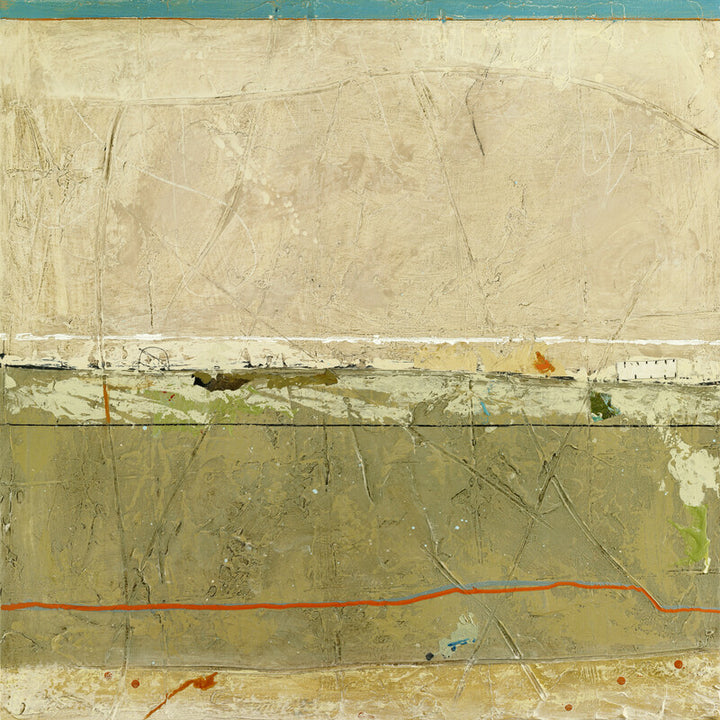 Abstract layered composition with horizontal bands in cream, beige, olive green, and teal, featuring a prominent orange line and scattered scratched marks throughout.