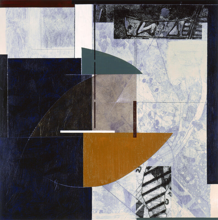 Abstract collage artwork combining geometric shapes in blue, ochre, and gray with photographic fragments and linear elements on a light background.