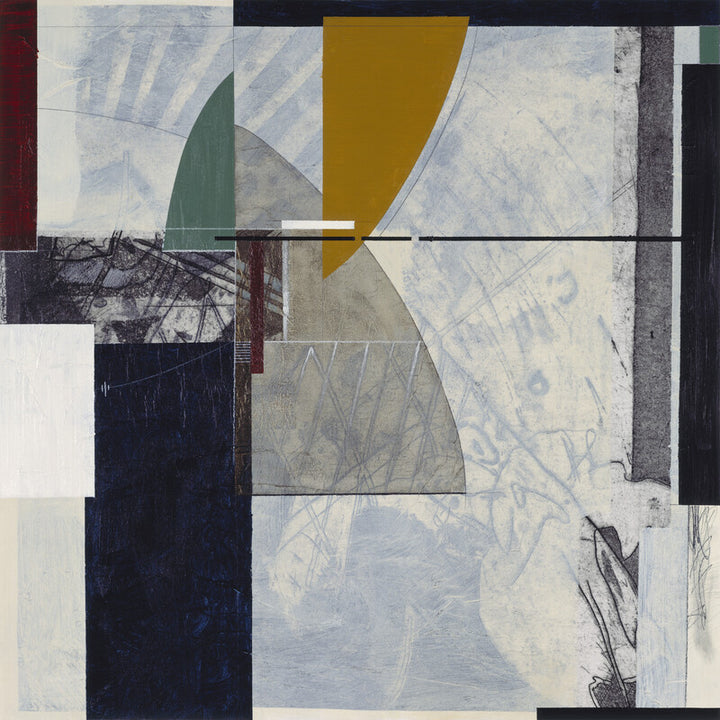 Abstract mixed media composition with geometric shapes, layered textures, and colors including ochre, navy, white, and gray.