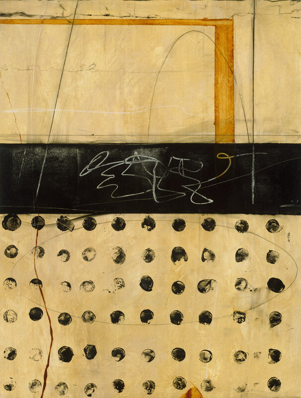 Abstract mixed-media artwork featuring cream and black sections with handwritten marks, circular perforations, and geometric line elements.