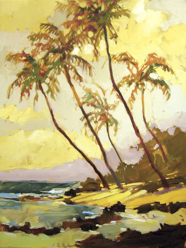 Palm trees bend toward a sandy beach with turquoise water under a golden sky in warm yellow and brown tones.