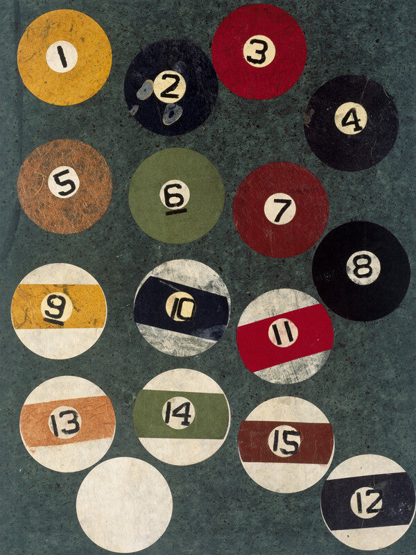 Fifteen numbered billiard balls arranged on a textured green surface, featuring solid colors and striped patterns in red, black, yellow, brown, and white.