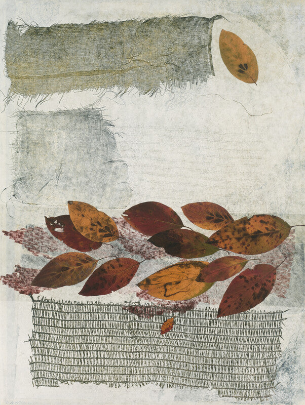 Abstract artwork composed of textured paper strips and autumn leaves in brown and red tones arranged vertically on a light background.
