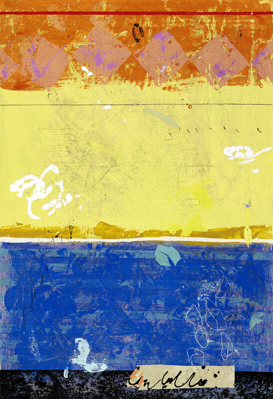 Abstract painting divided into horizontal sections with orange, yellow, blue, and black bands featuring layered textures and white markings.