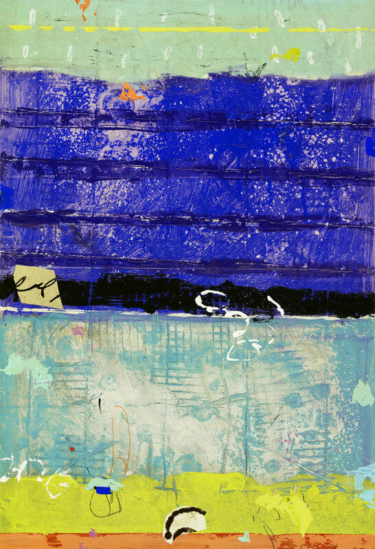 Abstract artwork with horizontal bands of green, blue, black, turquoise, yellow, and orange featuring scattered marks and gestural lines throughout.