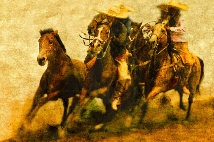 Four mounted riders on brown horses gallop across dusty terrain against a cream and tan background.