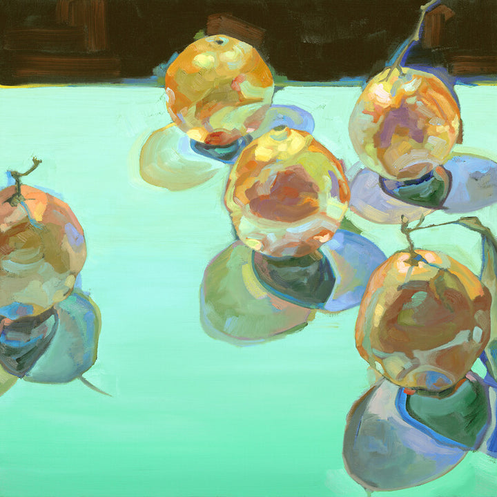 Six round fruits with stems arranged on a light turquoise surface against a dark background, painted in warm orange and yellow tones with blue shadows.