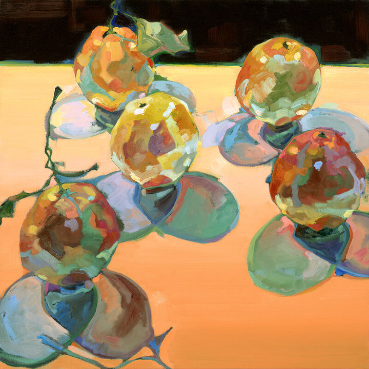 Abstract painting of colorful spherical forms with orange, yellow, green, and blue tones against a warm peach background.