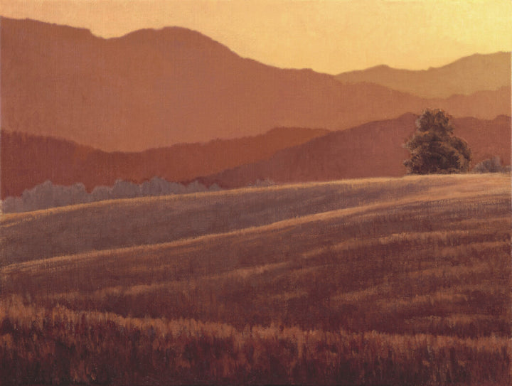 A layered landscape painting depicting mountains, fields, and a solitary tree rendered in warm golden and brown tones.