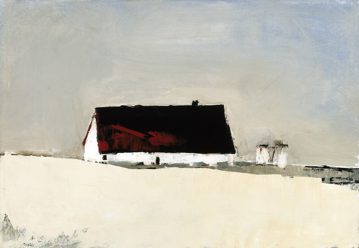 A large barn with red roof and white walls stands in a snowy landscape beside white silos under a pale sky.