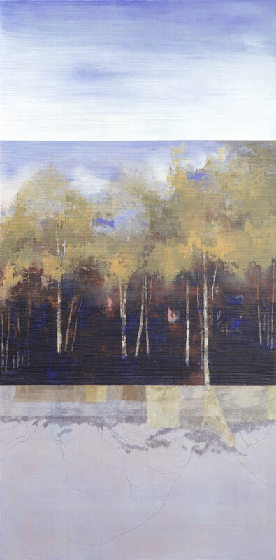 Triptych landscape artwork depicting birch forest with blue sky above, golden foliage in middle, and pale ground below.