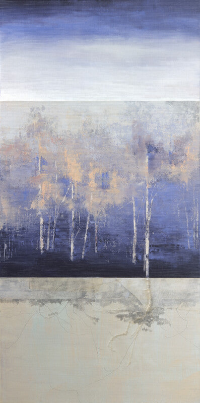 Abstract landscape painting with horizontal bands of blue sky, golden forest, white birch trees, and beige ground rendered in muted tones.