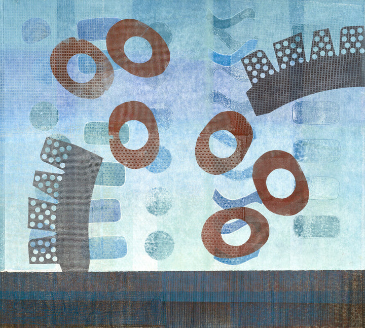 Abstract artwork featuring brown rings and geometric shapes arranged on blue and cream background with textured patterns.