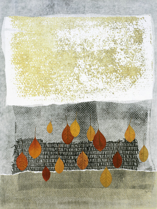 Mixed media artwork featuring autumn leaves falling against layered backgrounds of textured gray, white, and golden glitter.