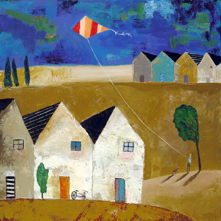 Stylized painting depicting white houses with green trees, a red and yellow kite in blue sky, and golden fields below.