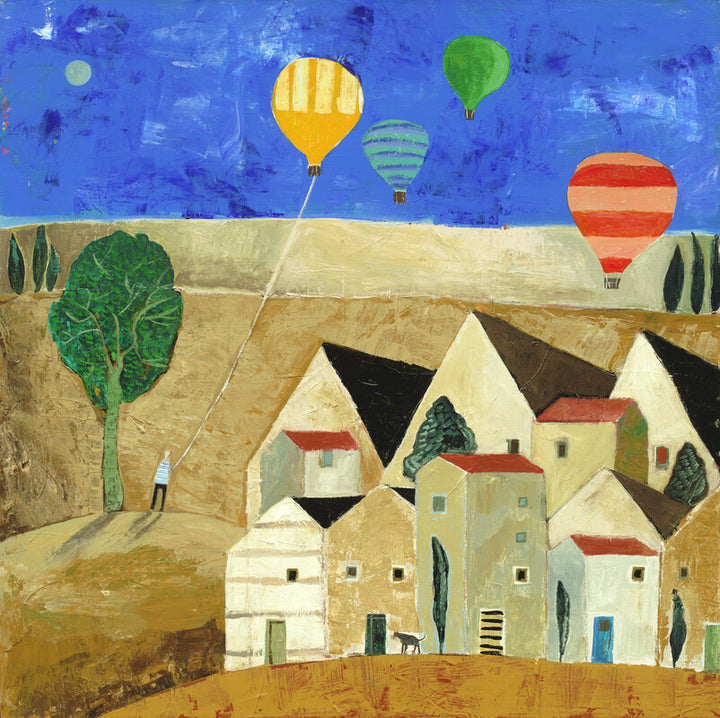 Painting depicting clustered white houses with red roofs beneath a blue sky with four hot air balloons and a green tree on a tan landscape.