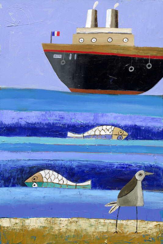 A painted boat with smokestacks flies a French flag above stylized fish and a bird in layered blue water against a purple sky.