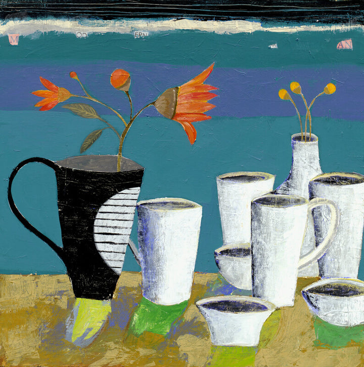 A painted still life featuring orange flowers in a black pitcher and white cups arranged on a striped surface against a turquoise and purple background.