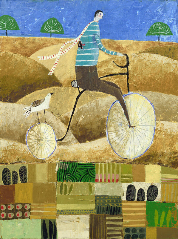 A figure in a striped shirt stands on an oversized bicycle in a sandy landscape with blue sky and green trees.
