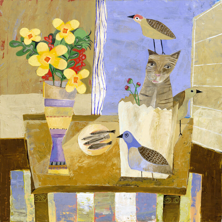 A stylized cat sits in a white bag on a wooden table surrounded by yellow flowers, birds, and art supplies in muted earth tones and blue hues.