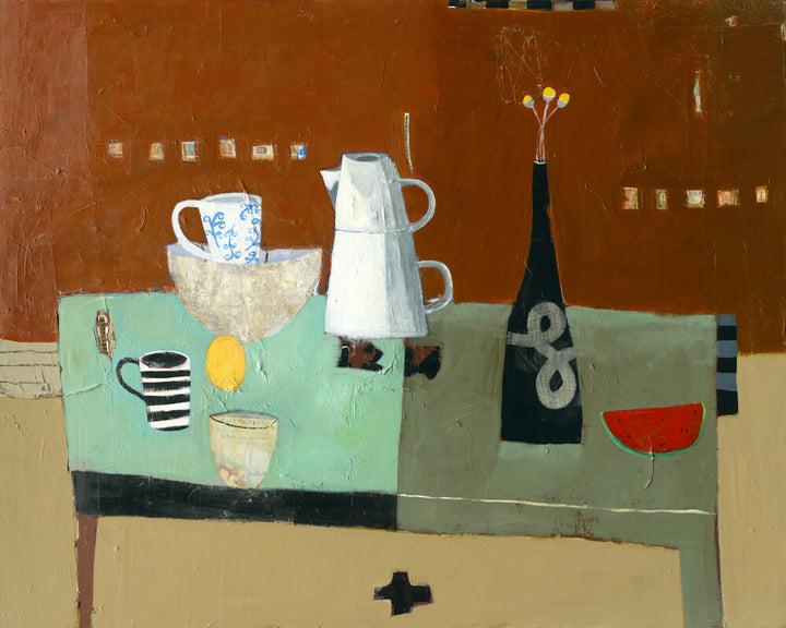 Abstract still life composition featuring household objects and vessels arranged on a table against a rust-brown and green background.