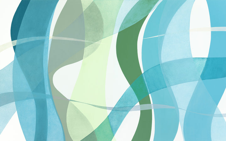 Abstract artwork featuring overlapping curved vertical bands in shades of blue, green, and white on a light background.