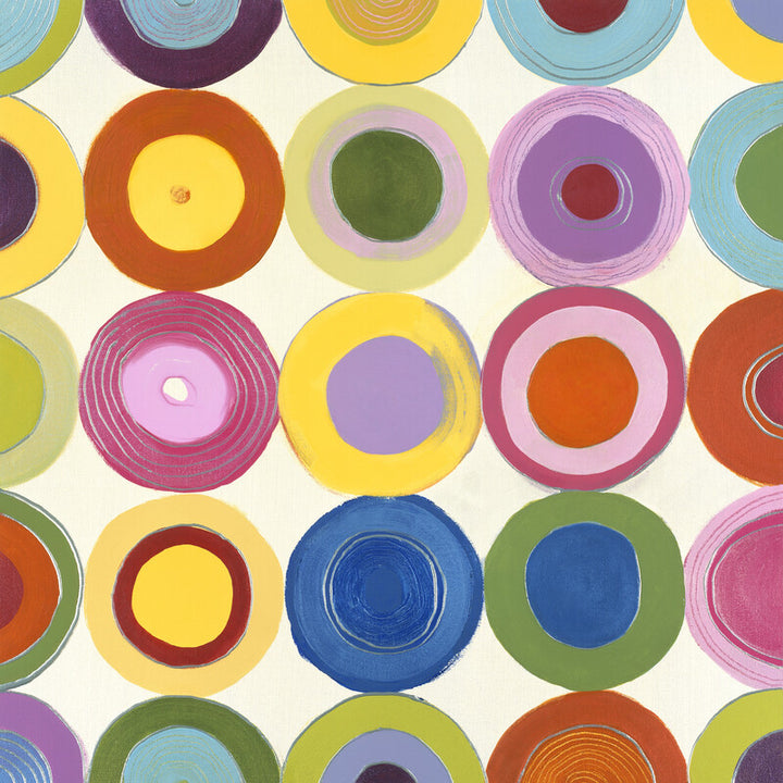 Colorful concentric circles in nested rings of varying hues arranged in a grid pattern on a cream background.