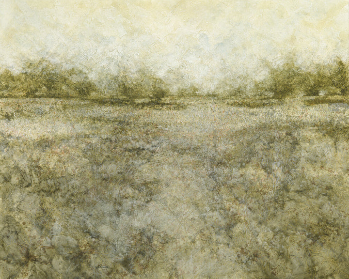 Abstract landscape painting depicting a waterway with muted earth tones of beige, tan, and green throughout the composition.