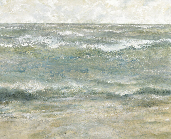 Painting of ocean waves with white foam rolling onto a sandy beach in muted greens, blues, and beige tones.