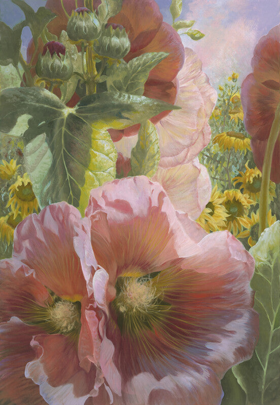 Large pink and red poppies with green stems and leaves dominate foreground, with sunflowers visible in soft background.