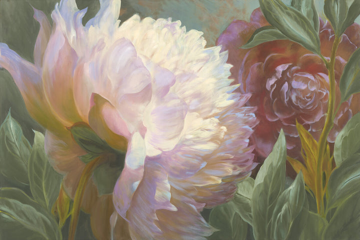A painting of two peonies with layered petals in cream and mauve tones surrounded by green foliage against a muted background.
