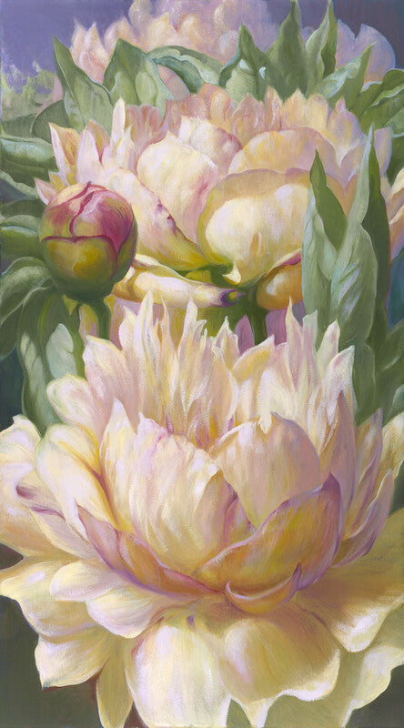 Painting of pale pink and yellow peonies with green leaves and buds arranged vertically on a neutral background.
