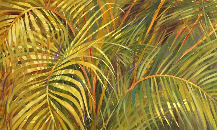 Abstract painting of overlapping palm fronds in yellow, green, orange, and red tones with curved, radiating lines.