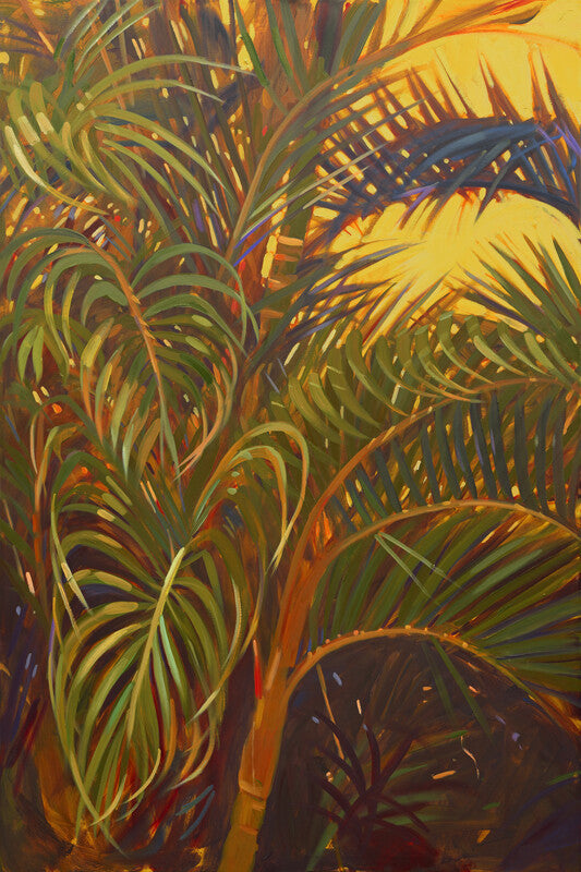 Abstract painting of layered palm fronds in yellow, green, orange, and dark blue tones against a warm yellow background.