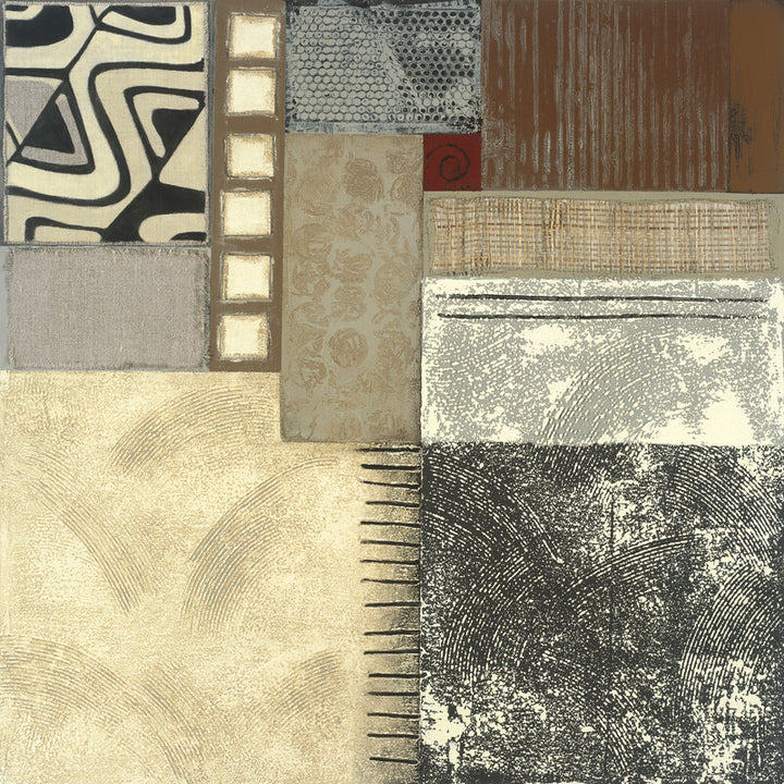 Abstract collage artwork composed of various patterned fabric swatches in black, white, beige, gray, and brown tones arranged in a grid-like composition.