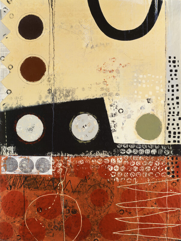 Abstract mixed media artwork featuring geometric shapes and circles in cream, black, rust red, and olive tones arranged in horizontal sections.