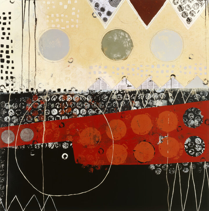 Abstract mixed-media artwork featuring geometric shapes, circular forms, and linear elements in cream, black, red, and brown tones arranged in horizontal layers.