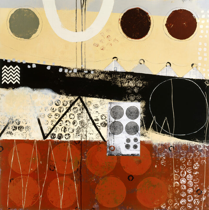 Abstract mixed media artwork featuring horizontal bands of cream, black, and rust red with geometric shapes including circles, triangles, and linear patterns throughout.
