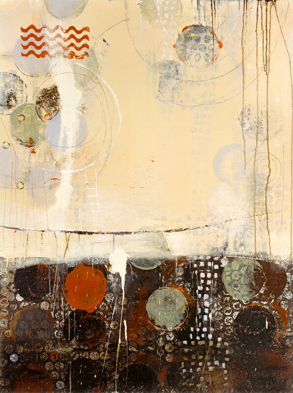 Abstract mixed media artwork featuring geometric circles and lines in cream, brown, orange, and gray tones across an upper and lower divided composition.