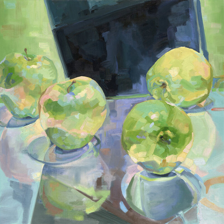 Three green and yellow apples arranged on a blue surface with a blue container in the background, painted in soft, muted tones.
