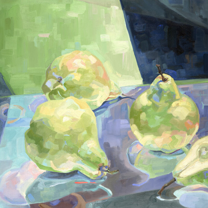 Three green pears arranged on a blue surface with a green background, painted in soft, muted tones.