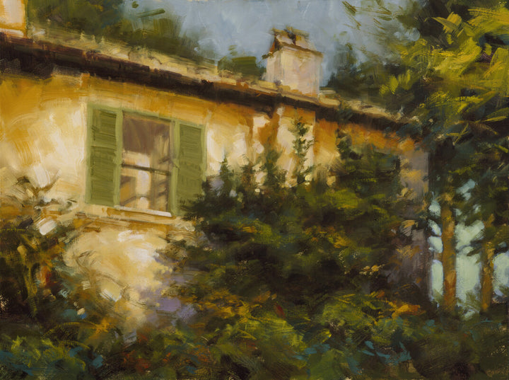 A weathered yellow-walled Italian cottage with green shutters partially obscured by overgrown green and yellow vegetation under a pale sky.