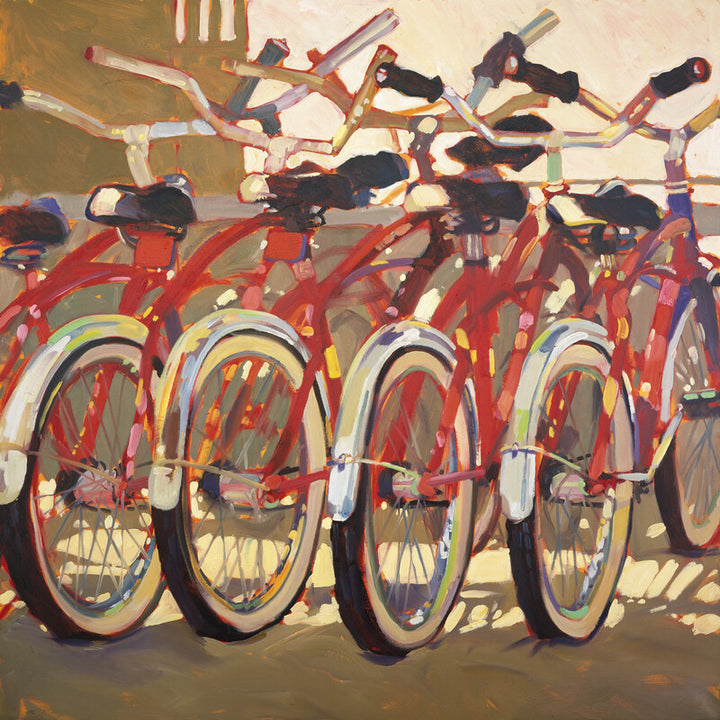 A painting depicting four red vintage bicycles lined up in a row with figures standing behind them against a beige and brown background.