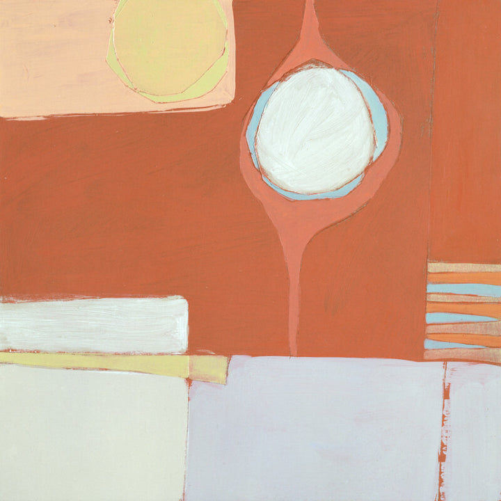 Abstract painting with geometric shapes in terracotta, cream, pale blue, and yellow tones arranged across the composition.