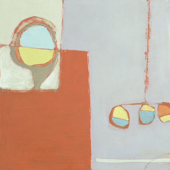 Abstract painting with geometric shapes in coral, yellow, blue, and cream on divided canvas sections.