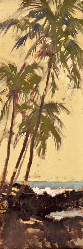 Palm trees with drooping fronds overlook a rocky shoreline with turquoise water against a pale yellow sky.