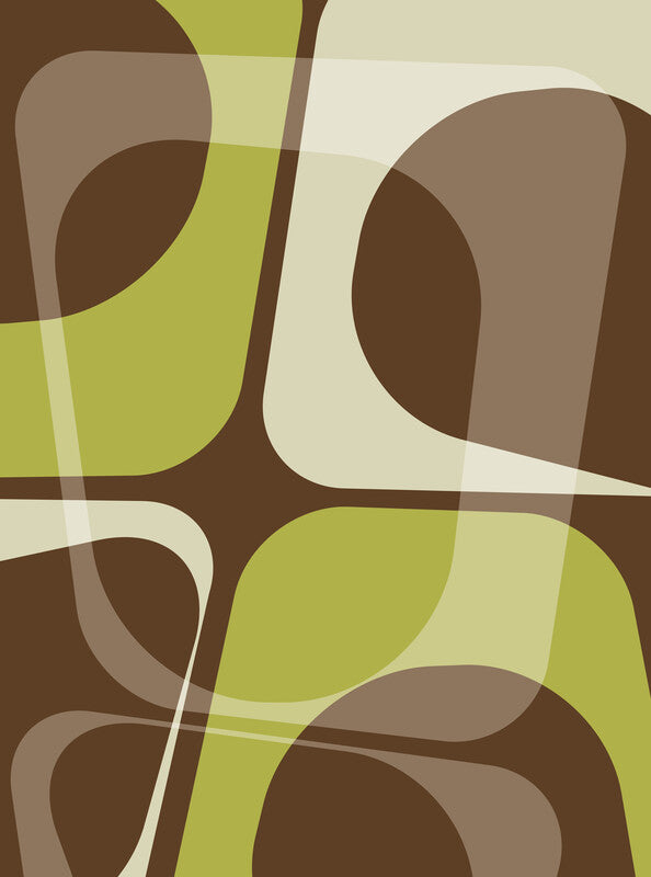 Abstract geometric composition featuring overlapping curved shapes in lime green, brown, taupe, and cream tones arranged in a grid-like pattern.